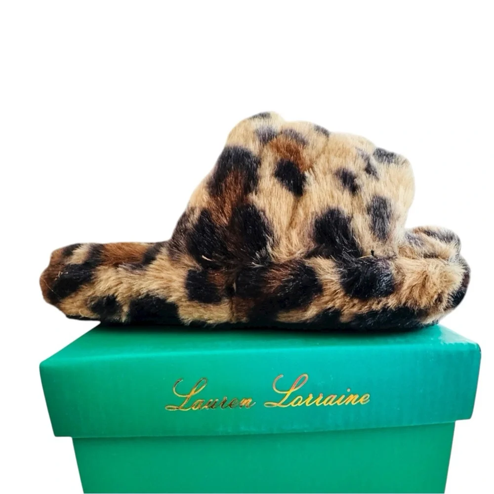 Lauren Lorraine Plush K Leopard Faux Fur Flat Slides 9Monhs‎